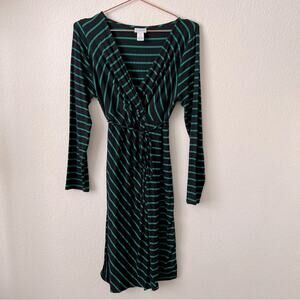 Motherhood Maternity black green stripe long sleeve faux wrap dress waist tie